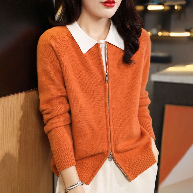 Cardigan — Orange Zip-Front Wool — front view