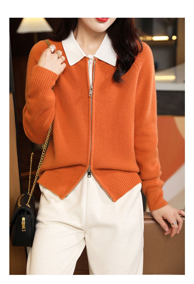 Cardigan — Orange Zip-Front Wool — detail view
