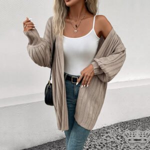 Cardigan — Khaki Ribbed Open Longline — front and knit detail
