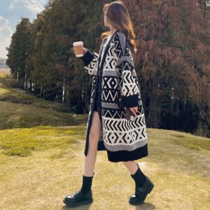 Cardigan — Black & Ivory Geometry Longline — front and knit detail