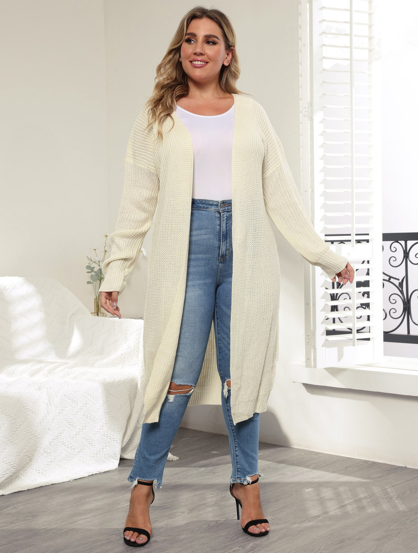 Cardigan — Extended-Size Open Rib Layer — front and knit detail