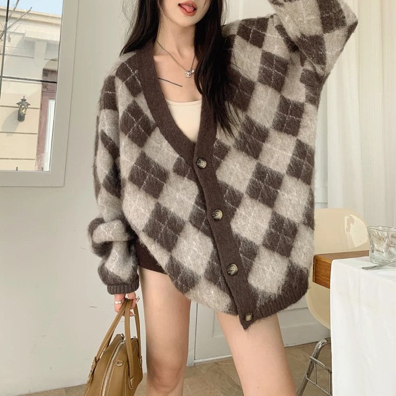 Cardigan — Latte Plaid Button Front — additional knit view