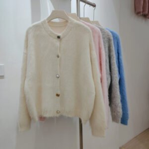 Cardigan — Irregular-Button Round Neck — front and knit detail