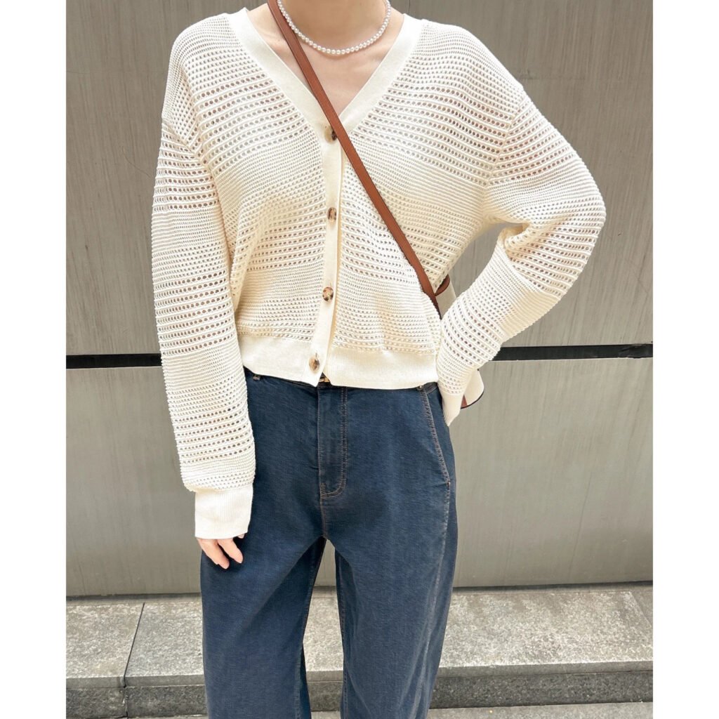 Cardigan — White Open-Stitch V-Neck — additional view