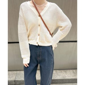 Cardigan — White Open-Stitch V-Neck — additional view