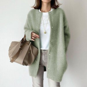 Cardigan — Round-Neck Cotton Long Layer — front and knit detail