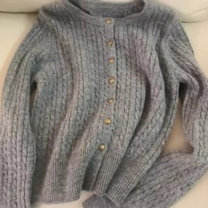 Cardigan — Golden-Button Cable Knit — front and knit detail