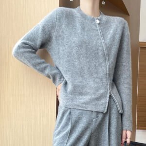 Cardigan — Offset-Zip Round Neck — front and knit detail