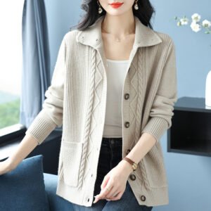 Cardigan — Collared Cable Button Front — front and knit detail